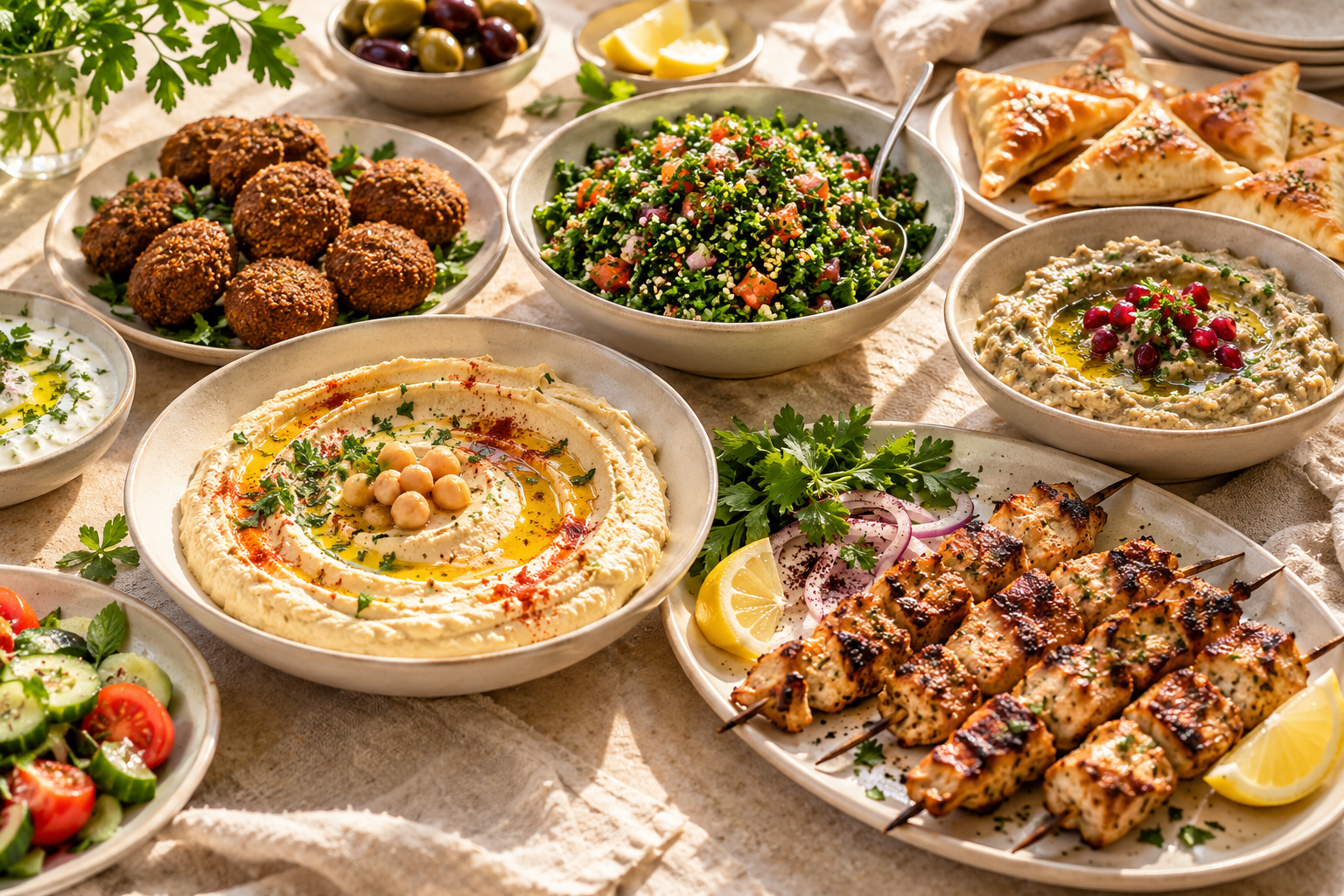 Libanesische Mezze mit Hummus, Falafel, Taboulé und gefüllten Weinblättern von Bliss